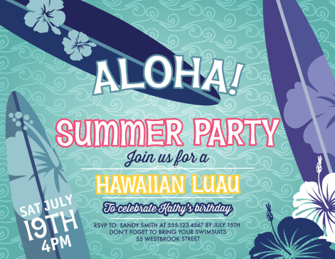 Summer party invitation with an aloha surfing theme.