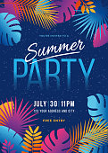 istock Summer Party - Tropical background with palm leaves and exotic plants. 1147323031