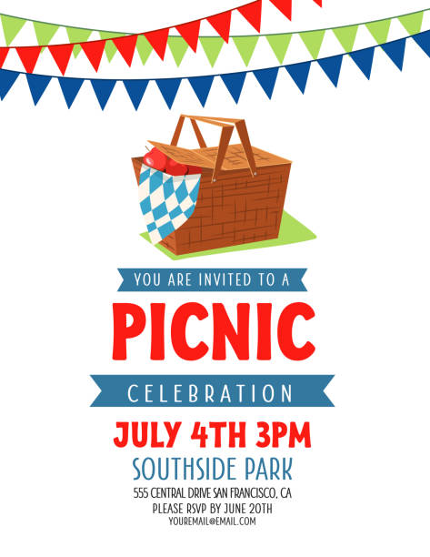 Summer Picnic Invitation Template Cute summer picnic party invitation. Flat colors. Text is on its own layer. picnic stock illustrations