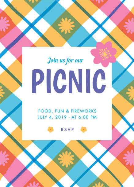 bildbanksillustrationer, clip art samt tecknat material och ikoner med sommar picknick party inbjudan - illustration. - picknick
