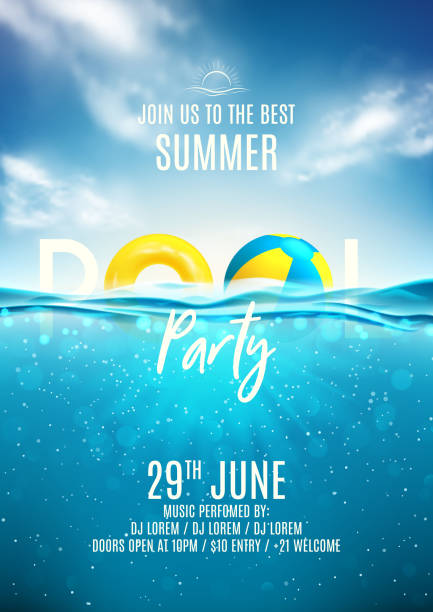 Summer pool party poster template Summer pool party poster template. Vector illustration with deep underwater ocean scene. Background with realistic clouds and marine horizon. Invitation to nightclub. standing water stock illustrations