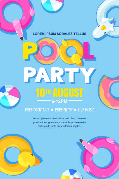 Summer pool party, vector poster, banner layout. Unicorn, flamingo, duck, ball, donut cute floats in water. Summer pool party, vector poster, banner layout. Unicorn, flamingo, duck, ball, donut cute floats in water. Top view illustration. Fun holiday background swimming float stock illustrations