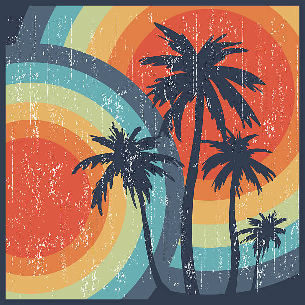 ilustrações de stock, clip art, desenhos animados e ícones de retro de verão árvores de palma - surfing