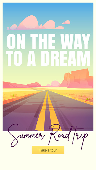 Summer road trip cartoon web banner, empty highway