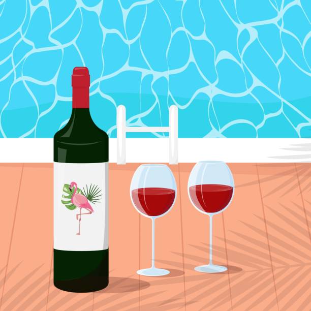 stockillustraties, clipart, cartoons en iconen met summer, romantic holiday concept illustration with a wine bottle and glasses next to the swimming pool. - sunset dining