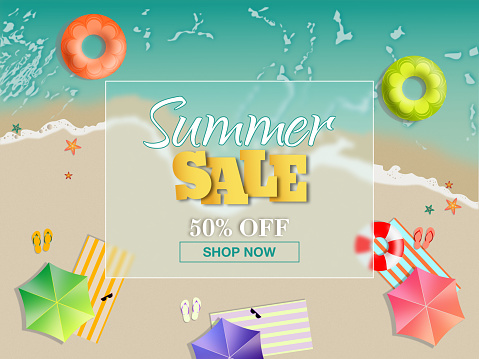 Summer sale banner template with sea and beach