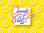 Summer Sale banner with 3d colorful handwritten calligraphy and sliced lemon pieces yellow background. Promo design for seasonal discount. Vector illustration.