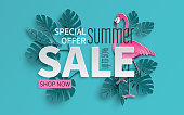 Summer sale banner with paper cut flamingo and tropical leaves background, exotic floral design for banner, flyer, invitation, poster, web site or greeting card. Paper cut style, vector illustration