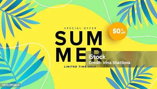 istock Summer sale editable template banner with fluid liquid elements, tropical leaves and bubble forms for flyer, invitation, poster, website or greeting card. 1325395874