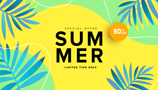 Summer sale editable template banner with fluid liquid elements, tropical leaves and bubble forms on green background with copy space for banner, greeting card, poster and advertising