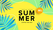 Sommer Verkauf editierbare Vorlage Banner mit flüssigen flüssigen Elementen, tropischen Blättern und Blase Formen für Flyer, Einladung, Poster, Website oder Grußkarte.