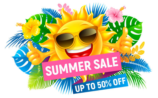 Summer Sale End Of Season Advertising Banner Design Vector Advertising design about Summer Sale at the end of season. Invitation for shopping with 50 percent off. Cheerful sun, tropical leaves and flowers. Isolated on white background. Vector illustration. cartoon sun with sunglasses stock illustrations