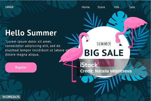 istock Summer sale flamingo banner. Promotional poster, special offer with flower and palm leaves, exotic cut origami with pink bird. Discount advertising template, vector promo flyer design 1413952475