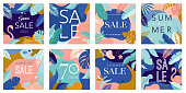 Summer Sale poster with tropic leaves and flamingo, banner and background in modern flat style. Vector illustration templates