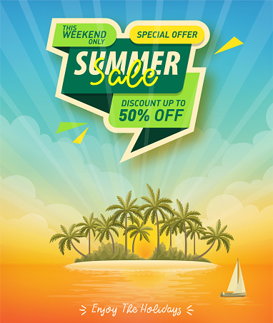 Summer sale poster with tropical island view background