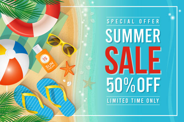 ilustrações de stock, clip art, desenhos animados e ícones de summer sale text with beach summer accessories - beach towel