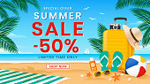istock Summer Sale vector illustration with 50% off discount text. Summer beach elements. 1392402592