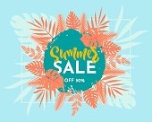 Summer sale web banner, tropical colorful leaves. Advertisement on blue background. Vector illustration. Poster for online shop, store, internet site. Print for flyer, brochure. Discount announcement.