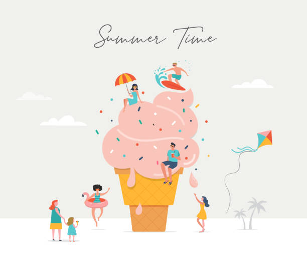 letnia scena, grupa ludzi, rodzina i przyjaciele bawiący się przed ogromnymi lodami, surfung, pływanie w basenie, picie zimnego napoju, zabawa na plaży - ice cream stock illustrations