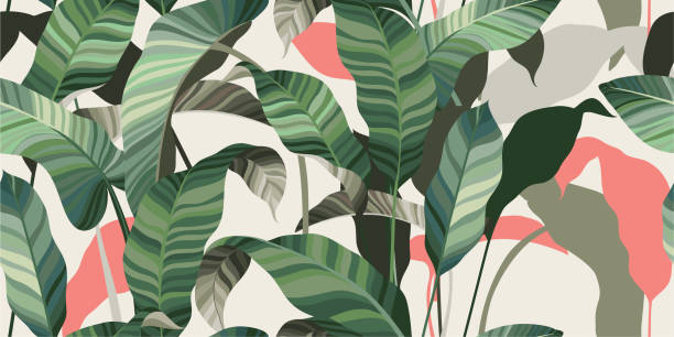 Summer seamless pattern Green and pink leaves of palm trees and tropical plants on a light background. Vector illustration tropical pattern stock illustrations