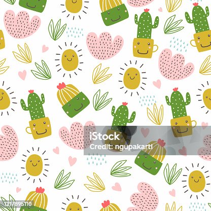 istock Summer seamless pattern with cactus. Hand drawn botanical with kawaii cartoon emote. 1217895110