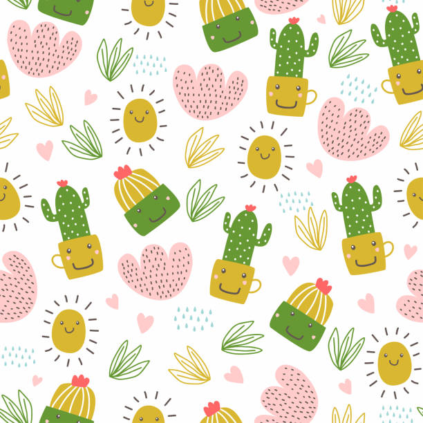 Summer seamless pattern with cactus. Hand drawn botanical with kawaii cartoon emote. Summer seamless pattern with cactus. Hand drawn botanical with kawaii cartoon emote. cactus patterns stock illustrations