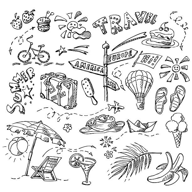 stockillustraties, clipart, cartoons en iconen met summer set. doodle style. - fietsen strand