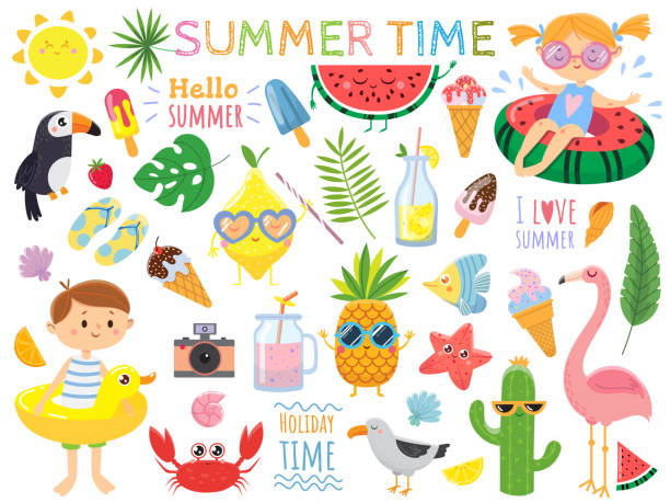 Summer set with cute elements Summer set with cute elements.Funny fruits, drinks, tropical. leafs, ice cream and bird. Kids on swimming circles.Vector illustration on white background cartoon sun with sunglasses stock illustrations