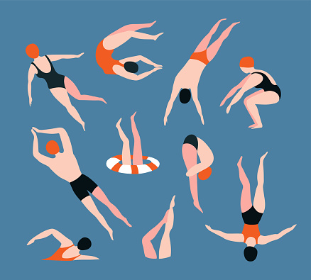 Summer  set with swimming people isolated on the blue background. Summertime vector illustration with swimmers drawing in flat style.