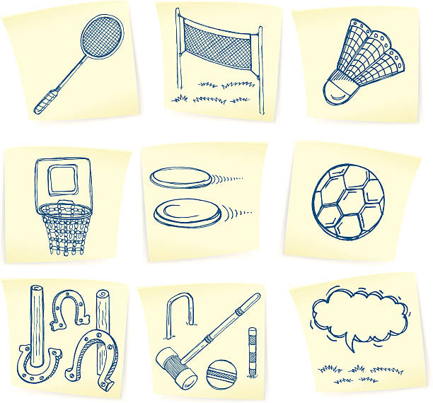Summer Sports Game Doodles on Sticky Notes Pen and ink doodle drawings of summer games (badminton, net, Frisbee golf, soccer, volleyball, horseshoes, croquet and thought bubble on sticky notes. Check out my "Summer Fun Vector" light box for more. frisbee stock illustrations
