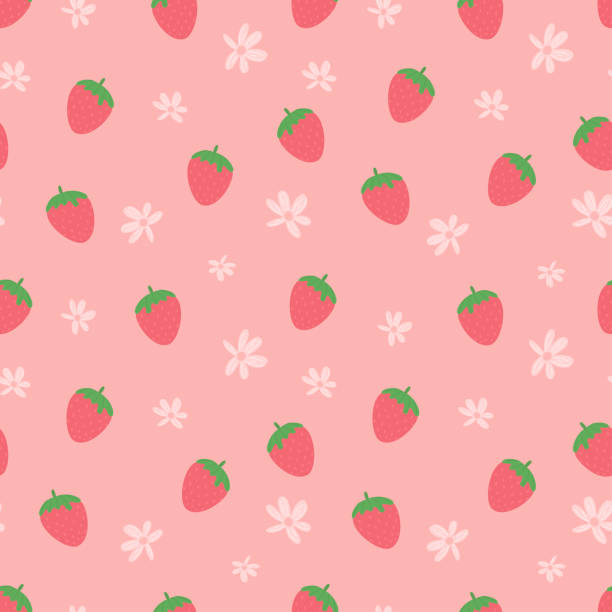 Summer strawberry seamless pattern. Cute simple fresh strawberry background with flowers. Cute vector print drawn in cartoon style for textiles, packaging Summer strawberry seamless pattern. Cute simple fresh strawberry background with flowers. Cute vector print drawn in cartoon style for textiles, packaging strawberry cartoon stock illustrations