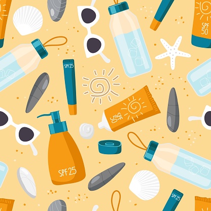 Summer Sun safety seamless pattern. On sand are sea stones, shells and everything necessary for health on beach. Sunscreen cosmetics, water bottle, sunglasses. textile for wrapping paper, wallpaper
