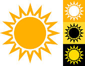Summer Sun Vector Icon in Yellow. This image has a large vector sun icon on the left with three alternate design variations on the right. Each design element can be used independently. The colors are yellow, white and black. This image is ideal for your summer sun illustrations.