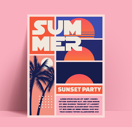 Summer sunset or summer beach party flyer or poster or banner design template in retro style with footage of the setting sun and palm trees silhouette. Vector eps 10 illustration