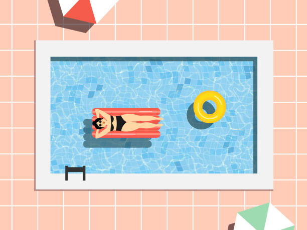 Summer swimming pool scene with woman vector art illustration