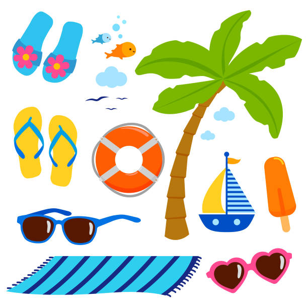 ilustrações de stock, clip art, desenhos animados e ícones de summer theme beach vacation design elements. - beach towel