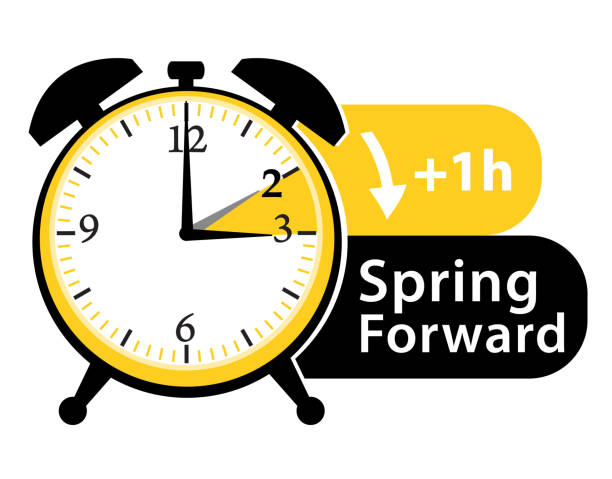 Summer time. Daylight saving time. Spring forward alarm clock vector icon. Summer time. Daylight saving time. Spring forward alarm clock vector icon. daylight saving time stock illustrations