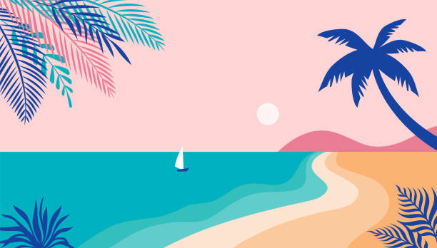 夏の時間楽しいコンセプトデザイン。風景、海とビーチの日当たりの良いパノラマの創造的な背景。夏の販売、ポストテンプレート - 海岸点のイラスト素材／クリップアート素材／マンガ素材／アイコン素材