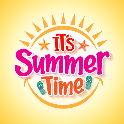 Summer Time Poster Design with Happy and Fun Concept with Realistic 3D Vector Elements and Decorations in Yellow Background. Vector Illustration vector