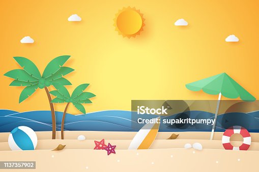 istock Summer time , sea and beach with coconut tree and stuff , paper art style 1137357902