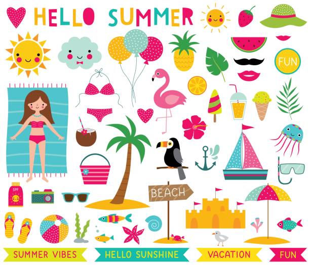Summer time vector set Summer time vector set beach clipart stock illustrations