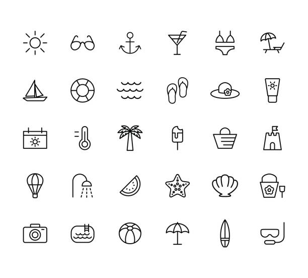 summer, travel, holiday and beach icons set on white background, summer, travel, holiday and beach icons set on white background, thin line summer symbols stock illustrations