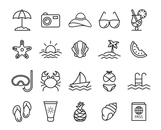 sommer, reisen, urlaub und strand ikonen gesetzt - sonnencreme stock-grafiken, -clipart, -cartoons und -symbole