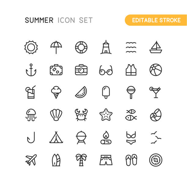 Summer & Travel Outline Icons Editable Stroke Set of summer and travel outline vector icons. Easy editable stroke. beach icons stock illustrations