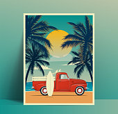 Summer travel poster design with vintage surfing truck on the beach with surfboard in the trunk and second surf board leaned to the car body and palms silhouettes at sunset. Vector eps 10 illustration