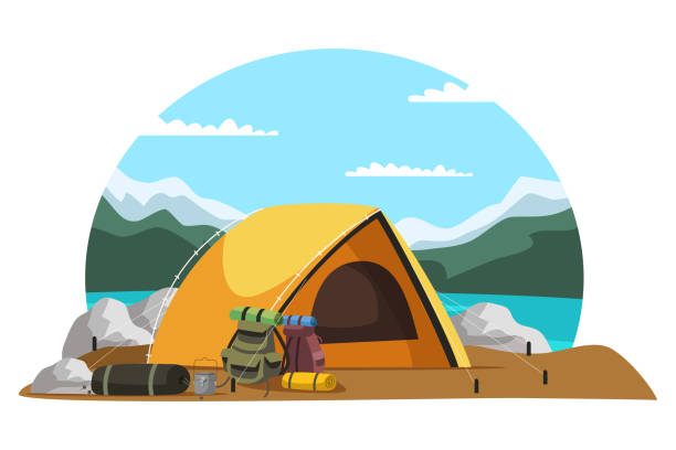 illustrazioni stock, clip art, cartoni animati e icone di tendenza di turismo estivo e campeggio all'aperto sulla natura - campeggio