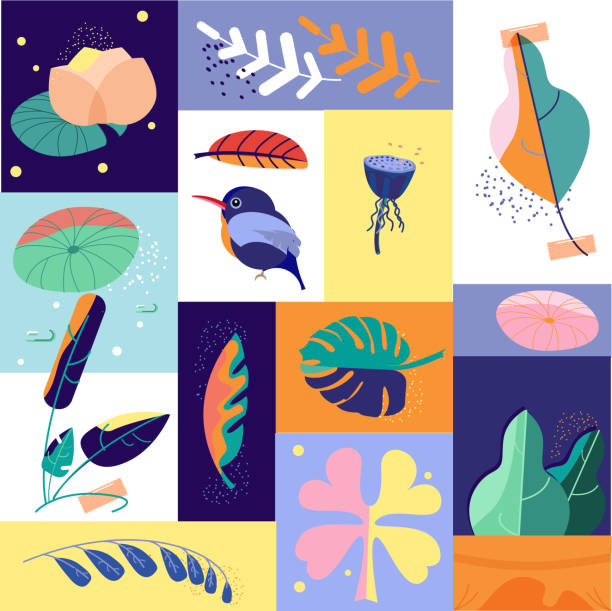 illustrazioni stock, clip art, cartoni animati e icone di tendenza di collage di icone del giorno tropicale estivo. concept flat design stile vettoriale grafica - finlandia laghi