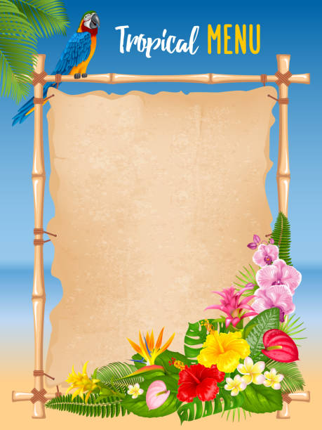 Summer tropical frame design Summer tropical design with bright exotic leaves, flowers and ara parrot on sea beach background. Vector illustration. beach borders stock illustrations