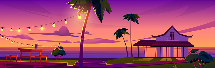 Summer tropical landscape with bungalow at sunset