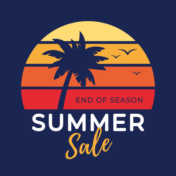 stockillustraties, clipart, cartoons en iconen met de tropische verkoopbanner van de zomer met palmboomsilhouet en gradiëntachtergrond. - sunset